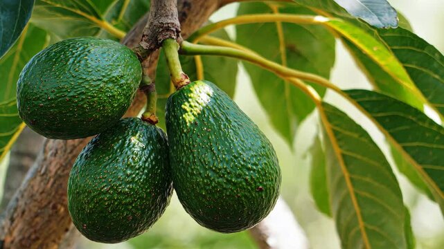 Fresh green avocados hanging on tree branch in garden. Ripening avocado fruits. Organic product