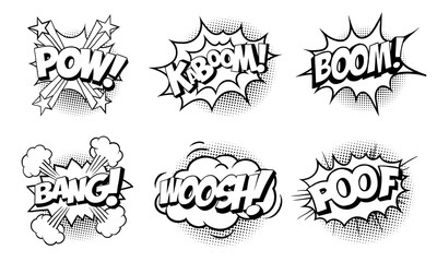 Pop art pack of comic sticker. Explosion effect comic expression hand drawn illustration.