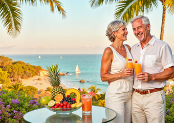 Happy couple enjoying cocktails on a tropical beach during World Tourism Day. Travel