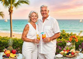 Senior couple enjoying tropical drinks on a beach at sunset - World Tourism Day. Travel