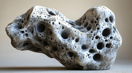 Abstract, textured, stone-like sculpture, irregular shape, with numerous holes and cavities