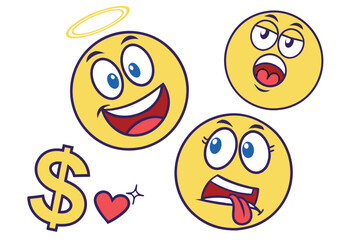 49 Colorful cartoon emoji set, expressive emoticons, variety of emotions, round yellow faces, blue monster face, big eyes, exaggerated features, red lips, dollar sign eyes, halos, tongue sticking out,