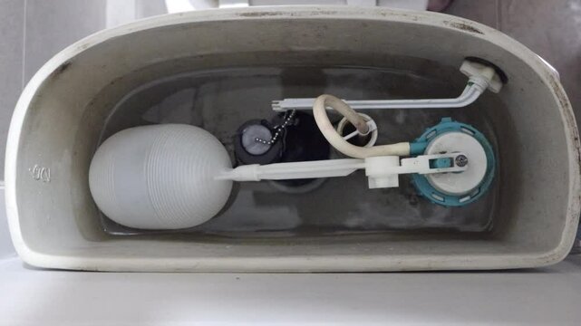 Top view of the mechanism inside the toilet bowl water tank
