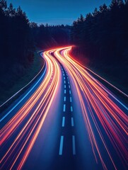 Dynamic highway at twilight with light trails through forest creating a sense of speed and movement in long exposure