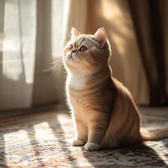 Sweet Kitty Enjoying the Afternoon Sunshine, Sitting Comfortably on a Beautiful Oriental Rug