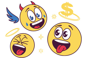 49 Colorful cartoon emoji set, expressive emoticons, variety of emotions, round yellow faces, blue monster face, big eyes, exaggerated features, red lips, dollar sign eyes, halos, tongue sticking out,