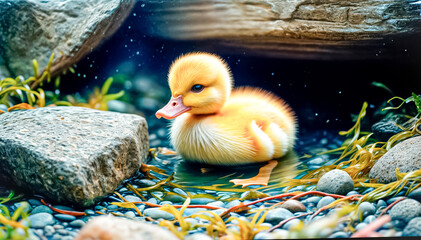 Cute and funny yellow duckling, newborn duckling, little duck