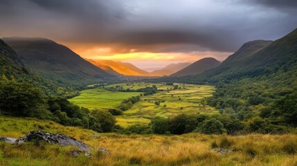 Obraz premium National park sunset seasonal concept. A breathtaking valley landscape at sunset, flanked by mountains and lush greenery, creating a serene and picturesque scene.