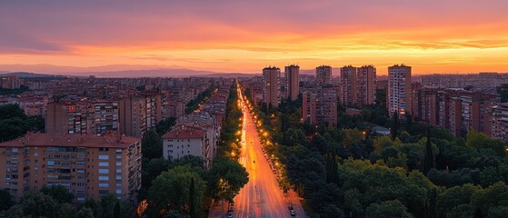 Fototapeta premium Captivating sunset over urban landscape with vibrant sky and illuminated city street showcasing modern architecture and natural green spaces in a peaceful atmosphere