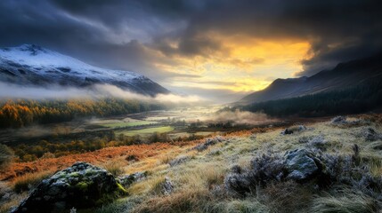 National park sunset seasonal concept. A breathtaking landscape featuring rolling hills, mist, and a dramatic sunset illuminating the valley below.