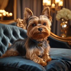 Tiny but Grand Yorkshire Terrier Sitting Elegantly on a Luxurious Blue Couch in Royal Decor
