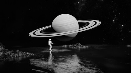 An astronaut stands on a rocky shore gazing at Saturn in a starry sky