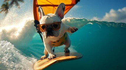 Dog enjoys surfing in tropical waves while wearing sunglasses and a colorful swimsuit in sunny beach location