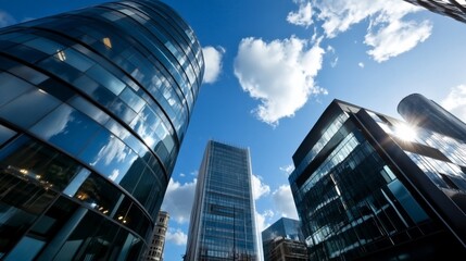 Fototapeta premium Modern City Skyline Glass Towers Blue Sky.
