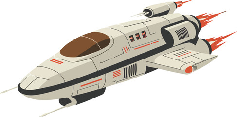 Futuristic spaceship soaring through the stars in a sleek, minimal design with dynamic flames, showcasing advanced technology in vibrant vector art