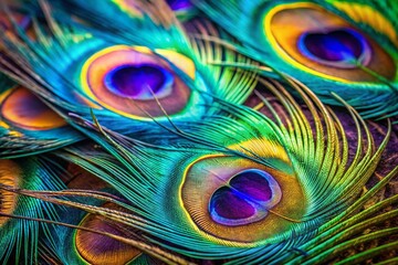 Macro Close-up of Vibrant Tropical Peacock Feathers, Exquisite Bird Detail, Nature's Colors