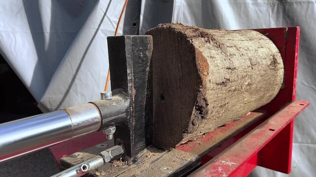 Log splitter in operation. Cutting a log with a log splitter to prepare firewood for the fireplace or for wood burners. Gardening work