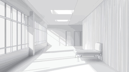 The image depicts a digitally rendered, minimalist interior of a long corridor.  The walls, floor, and a single chair are all uniformly white.  Large windows on one side allow sunlight to stream