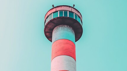 Pastel-colored control tower against a clear sky.