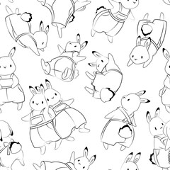 Seamless background. Easter pattern. Cute rabbits. Bunny patterns. Coloring page. Black line.