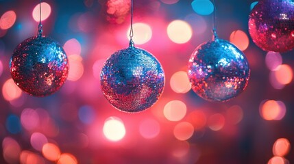 Fototapeta premium Glittery ornaments hanging, bokeh background, festive celebration, holiday card