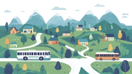 Fototapeten A stylized illustration depicting a landscape featuring a small village nestled in rolling hills and mountains.  The scene is rendered in a flat, vector style with simplified shapes and muted color © 忘 西