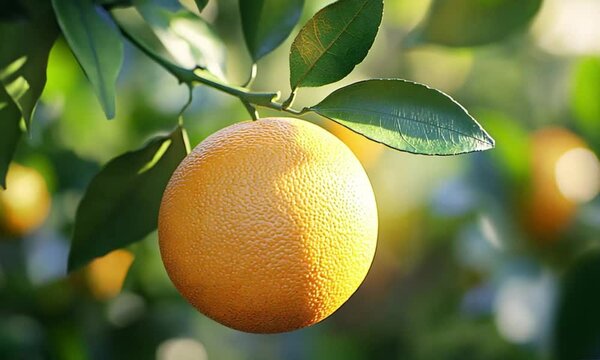 close up of an orange still attached to its stem