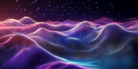 Fototapeta premium Technology background with connected dots on 3D wave landscape. Data science, particles, digital world, virtual reality, cyberspace, metaverse concept. AI generative