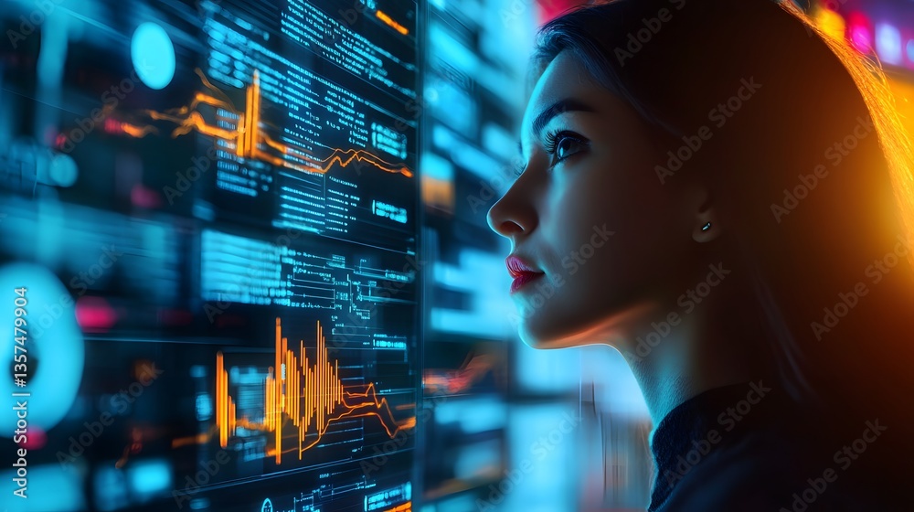Poster a determined woman analysing data on multiple screens, focusing intently on the displayed informatio
