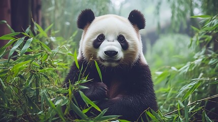 Obraz premium Adorable giant panda sitting amidst bamboo.