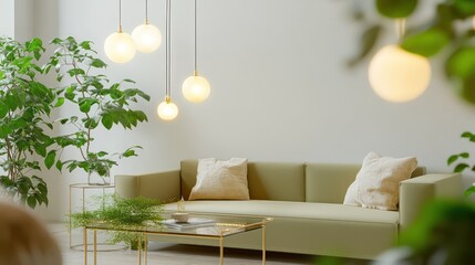 A stylish living room featuring a light olive green sofa, minimalist white walls, and a glass coffee table with a delicate gold table lamp