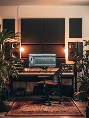 A minimalist home recording studio with professional music production equipment. long_title:A compact yet well-equipped home recording studio