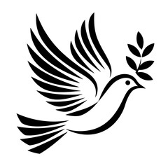 Obraz premium Minimalist Dove with Olive Branch, Black and White Peace Symbol, Elegant Vector Bird Illustration