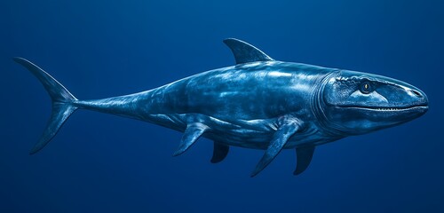 Naklejka premium An ichthyosaur with sleek, lifelike skin on a solid deep ocean blue background