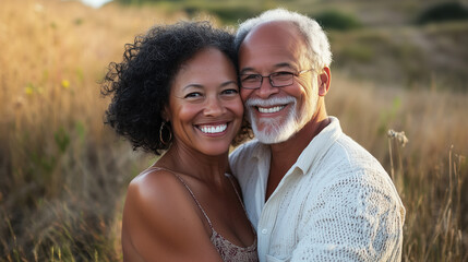 Obraz premium Mixed race couple, Portrait in the dunes of a pleased senior couple. Active lifestyle at elderly age, outdoor activity for retired people. Healthy lifestyle for aged people. Mockup for life insurance,
