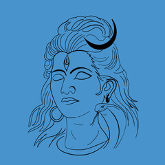 Load Shiva line art, Hindu religious god Shiva with moon on this hair and snake on his neck. 