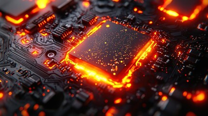 Glowing CPU processing data on circuit board