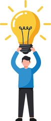 A man joyfully lifting a large light bulb above his head in a flat vector illustration, symbolizing creativity and inspiration in a bright atmosphere