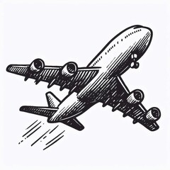 Airplane Illustration in Black and White, Sketch Style, Air Travel Concept with copy space