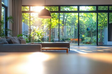 Fototapeta premium Serene Interior with Sunlight Streaming Through Large Windows Overlooking Lush Green Garden View Creating a Peaceful and Relaxing Atmosphere in a Modern Home