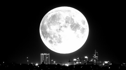 Supermoon over Cityscape Night with Black  White.