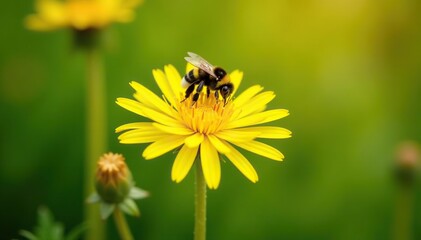 Close up of a vibrant yellow dandelion flower being pollinated by a bumblebee,  close up,  insects