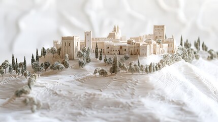 A monochrome model of the Alhambra stands on a hill. 
