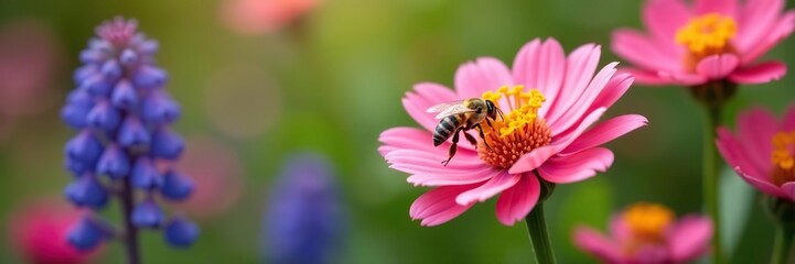 Close-up of bees buzzing around colorful aqualegia flowers in a vibrant garden,  beautiful,  summer