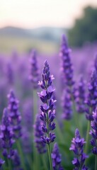 Obraz premium Close-up of blooming Lavender flowers in a field with soft focus background, blooming, vibrant