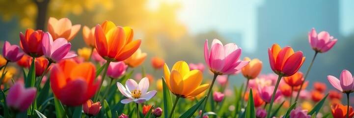 Fototapeta premium Close up of colorful spring flowers in full bloom, spring, outdoor