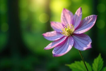 Fototapeta premium Close-up of delicate wild Clematis flower blooming in a forest, spring, bloom