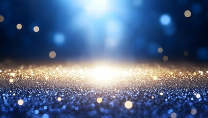Abstract Golden Glitter Particles on Deep Blue Background with Bokeh Lights Creating a Magical Atmosphere and Festive Elegance with a Spotlight Effect and Radiant Illumination
