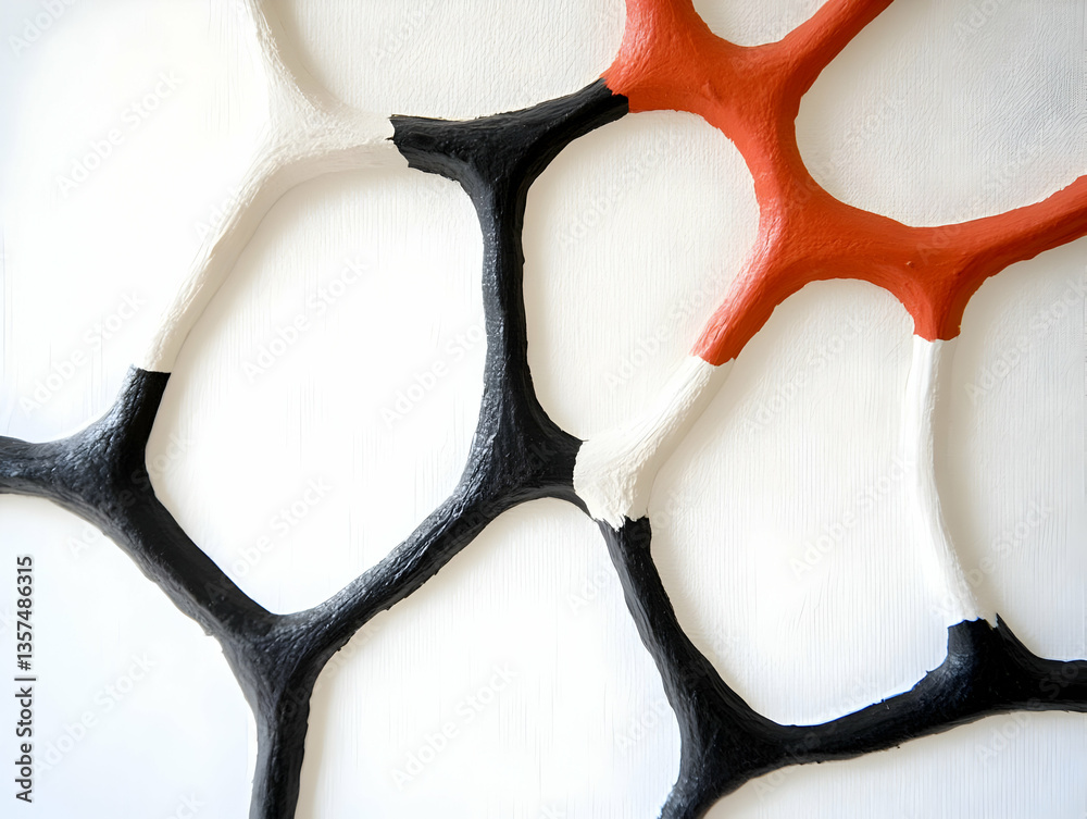 Fototapete abstract organic structure in white black and coral red colors with interconnected shapes detailed g