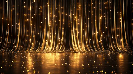 Realistic 3D render of a gold curtain with lights, set against a black background, award ceremony theme, captured in ultra high definition.
